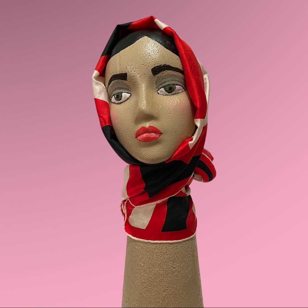 Vintage Silk Red White Black Groovy Long Head Neck Scarf